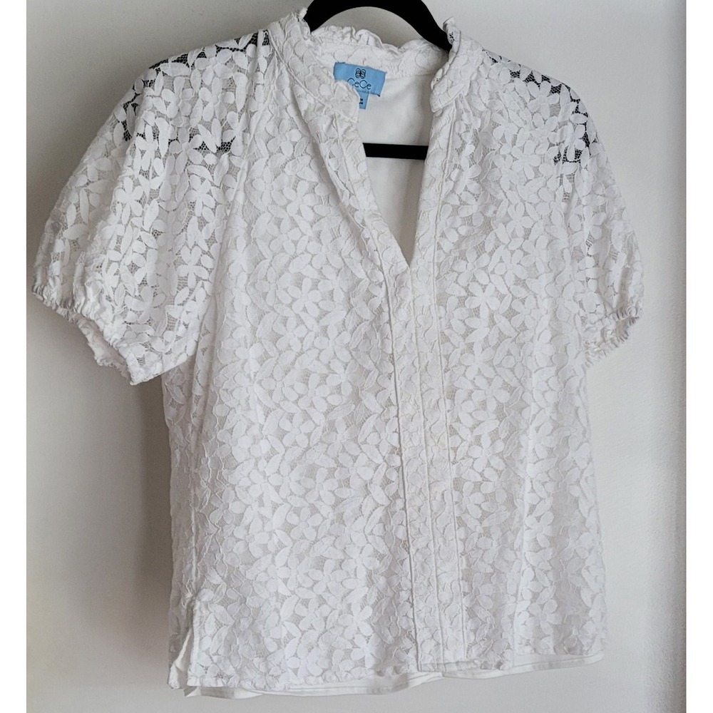 CeCe Blouse Womens S White Floral Lace Short Sheer Sleeve Casual Top